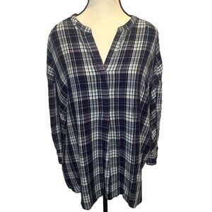 Lane Bryant Rayon BLUE Plaid Flannel V Neck Tunic Shirt 3/4 Sleeve Sz 14/16
